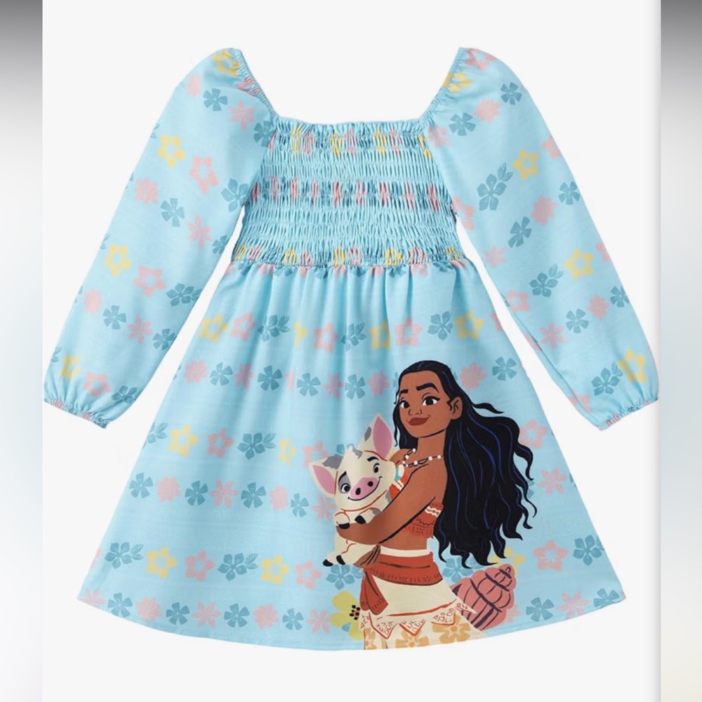NWT Disney Moana Light Blue Smocked Long-Sleeve Kids Dress